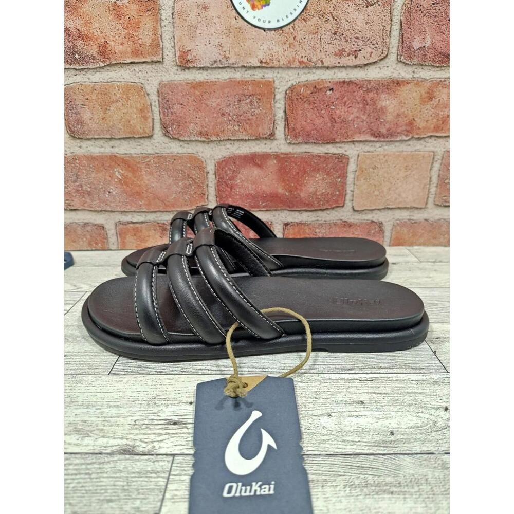 Olukai Tiare Slide Sandal Women's Size 7 Black Leather Strappy New With Tag